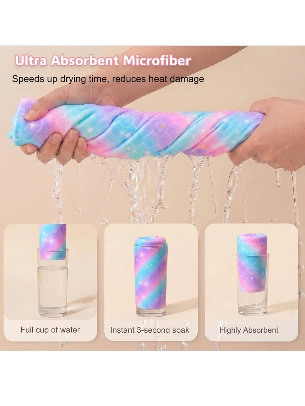 NWT Microfiber Hair Towel Wrap for Kids Girls, Ultra Absorbent, 2 Pack